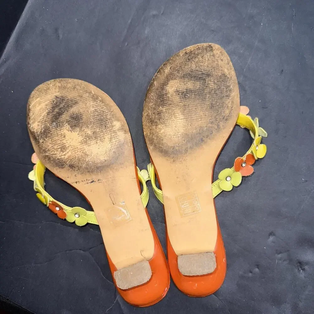 Moda Spana Orange Yellow Kitten Heel Flip Flop Floral Preppy Vintage Y2K Sz 6 - Picture 8 of 15